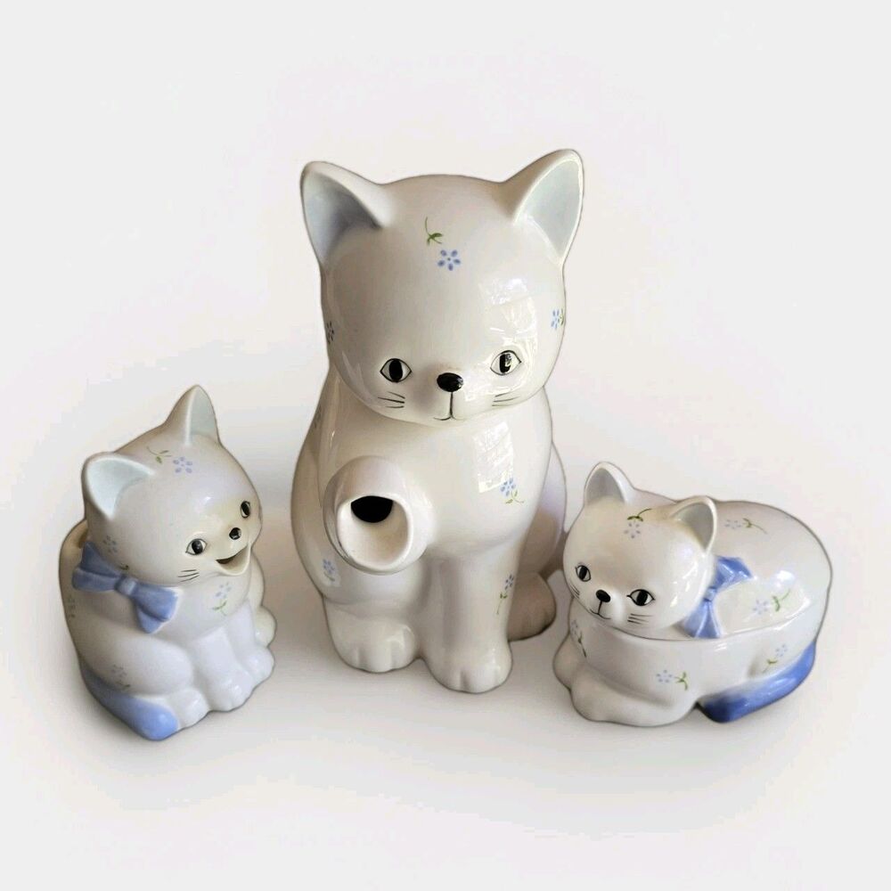 Vintage Otagiri Cat Ceramic Teapot Creamer Sugar Bowl Set - White & Blue Floral